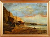 a painting of a painting of a boat on the water
