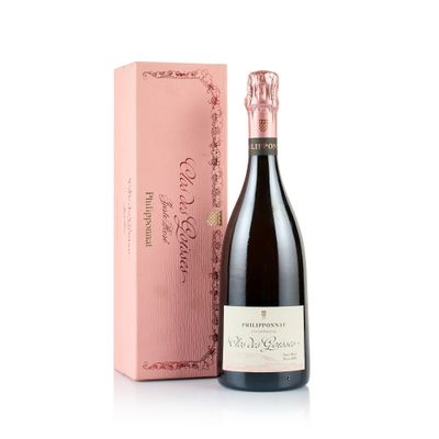 the bottle of wine is next to a pink box
