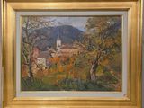 tableau représentant un paysage avec une église au loin et des arbres au premier plan