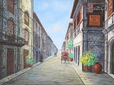 une peinture représentant une scène de rue avec une voiture à cheval