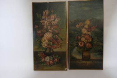 two paintings of flowers in a vase on a table next to a wall