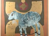an image of a painting of a goat with a chain around its neck