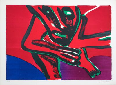 tableau représentant une femme assise sur une chaise dans une pièce rouge et bleue