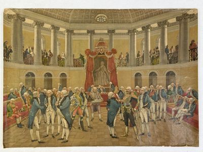 tableau représentant un grand groupe de personnes debout dans une pièce