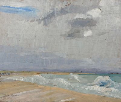 a painting of a man on a beach with a surfboard