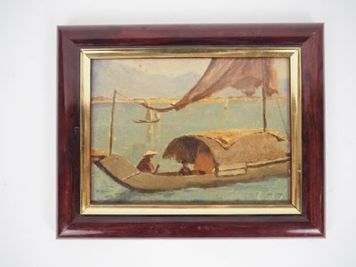 une image d'un tableau représentant un bateau sur l'eau