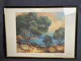 peinture représentant un paysage avec des arbres et un plan d'eau