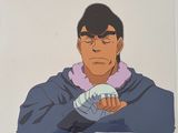 an animation drawing of a man in a blue jacket holding a white object
