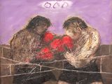 painting of two boxers in a boxing ring with a purple background