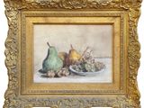an image of a painting of a plate of fruit on a table