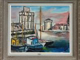 peinture de bateaux dans un port avec un château en arrière-plan