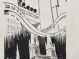 a black and white drawing of a building with a clock on it