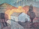 une peinture représentant une maison au bord de la route