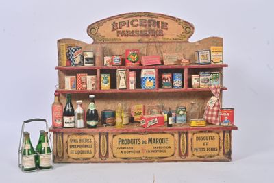 a miniature display of food and drinks on a shelf