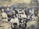 painting of a group of people standing in front of a building