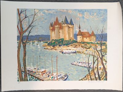 une photo d'un tableau représentant un château au bord de l'eau