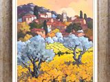 a painting of a landscape with trees and buildings in the background