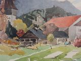 a watercolor painting of a village in the country