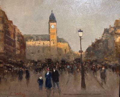 a painting of people walking down the street with a clock tower in the background