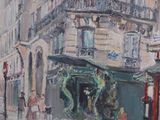 a painting of a red telephone booth on a city street