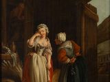 a painting of a woman and a man in a barn