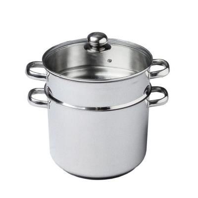 a stainless steel pot with two handles on a white background
