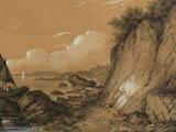 un dessin représentant un bateau sur l'eau près d'une falaise