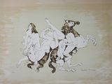 drawing of a group of naked people riding on horses in a field