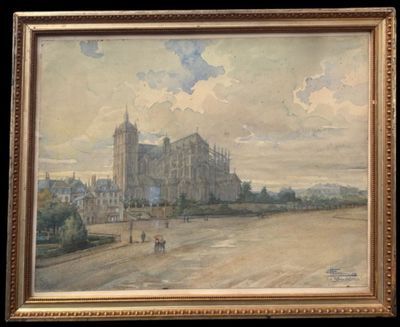 painting of a castle with a horse drawn carriage in front of it