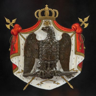 an old coat of arms with a crown and two birds on it