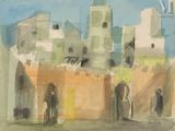 une peinture d'un bâtiment avec une tour d'horloge en arrière-plan