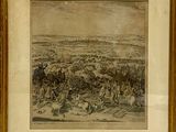 dessin encadré représentant une scène de bataille avec des soldats et des chevaux dans un champ