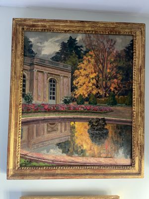 painting of a pond in a garden with a building in the background
