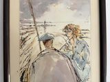 painting of a man and a woman sitting on a boat in the water