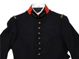 a close up of a black jacket with red trims and buttons