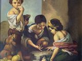 painting of a group of children playing with a dog in a room