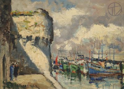 une peinture représentant une scène portuaire avec des bateaux dans l'eau
