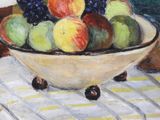 a painting of a bowl of fruit on a table