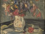 a painting of flowers in a vase on a table