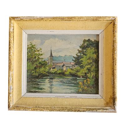 une peinture à l'huile représentant une rivière avec une église en arrière-plan