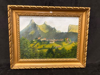 une peinture à l'huile représentant un paysage de montagne avec un village au premier plan