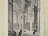 an old drawing of a church with a man sitting at a table