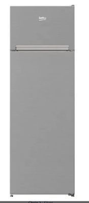 a silver refrigerator freezer sitting on top of a white counter