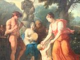 an image of a painting of a woman holding a baby in a park