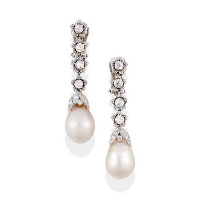 a pair of cultured pearl and diamond earrings