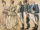 tableau représentant un groupe d'hommes et de femmes vêtus de costumes d'époque