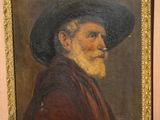 painting of an old man with a black hat and a brown coat