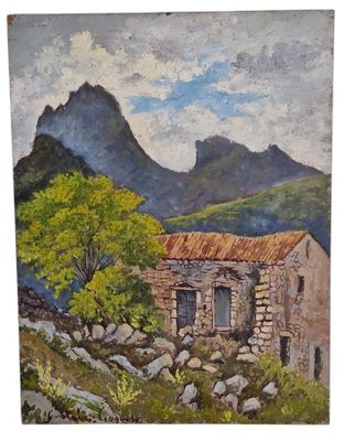 une peinture représentant un vieux bâtiment en pierre avec une montagne en arrière-plan