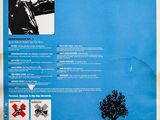 the back cover of a blue album with a picture of a man standing in front of a car