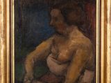 an oil painting of a woman in a white dress sitting on a chair
